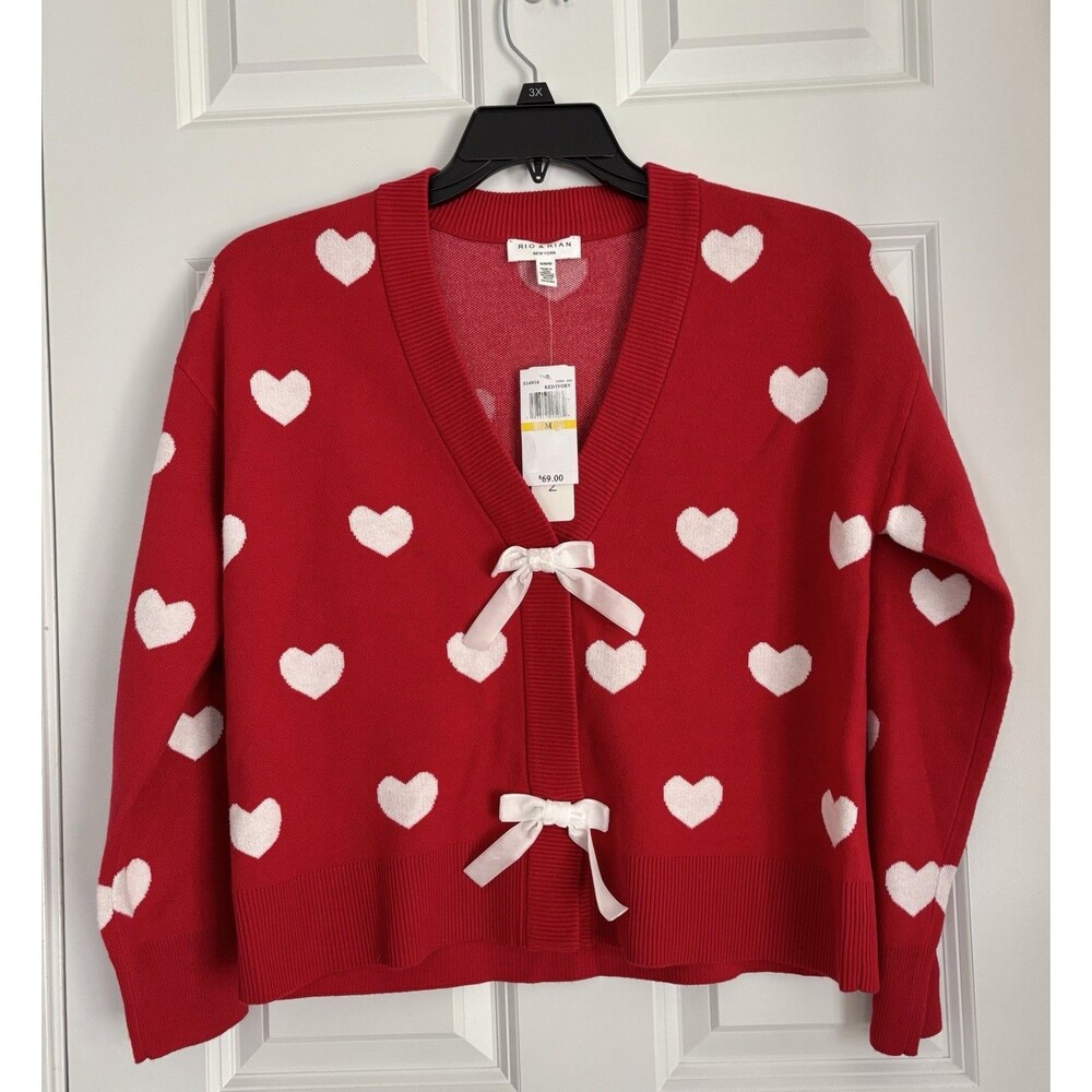 RIO & RIAN Red White Heart Bow Cardigan Sweater V-Neck MEDIUM Button Front Chic